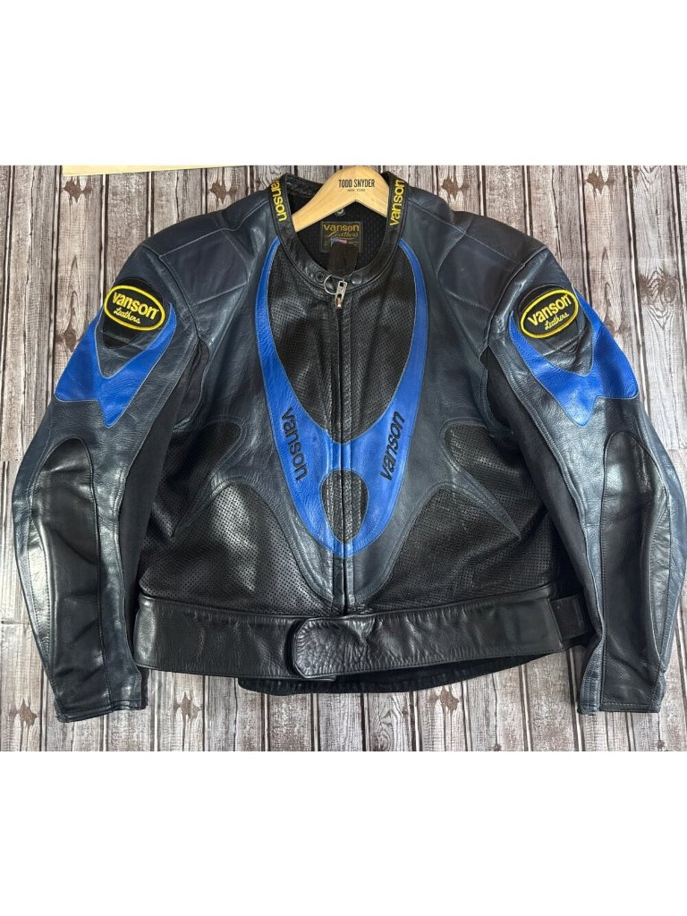 Vanson Black and Blue Perforated Leather Motorcycle Jacket - Vanson